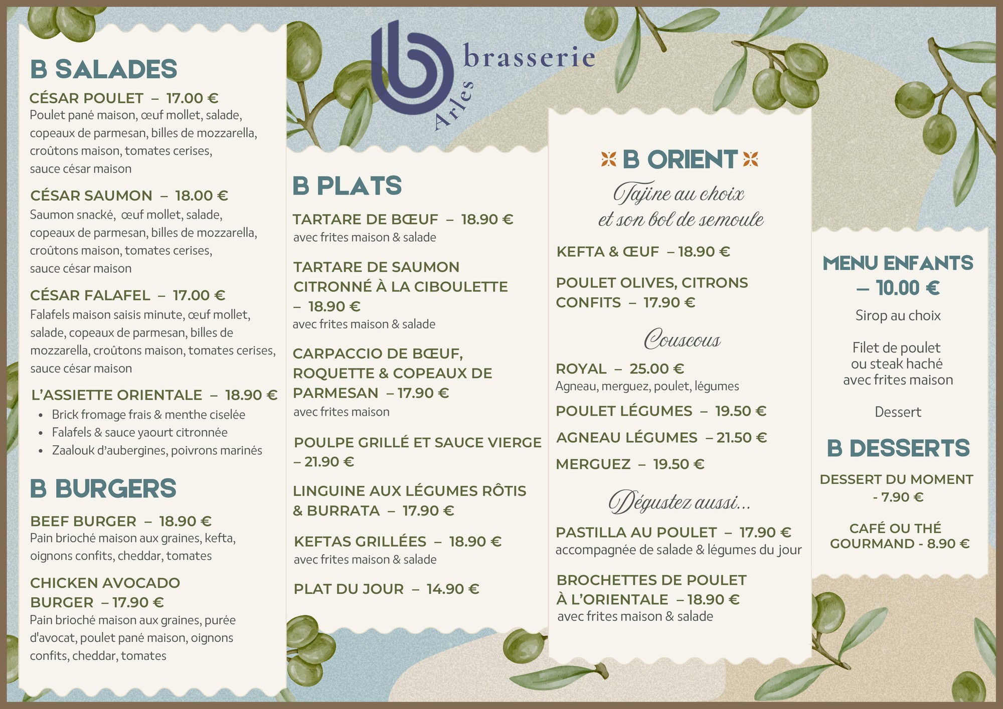 Carte B Brasserie : salades, burgers, plats et cuisine d&rsquo;Orient