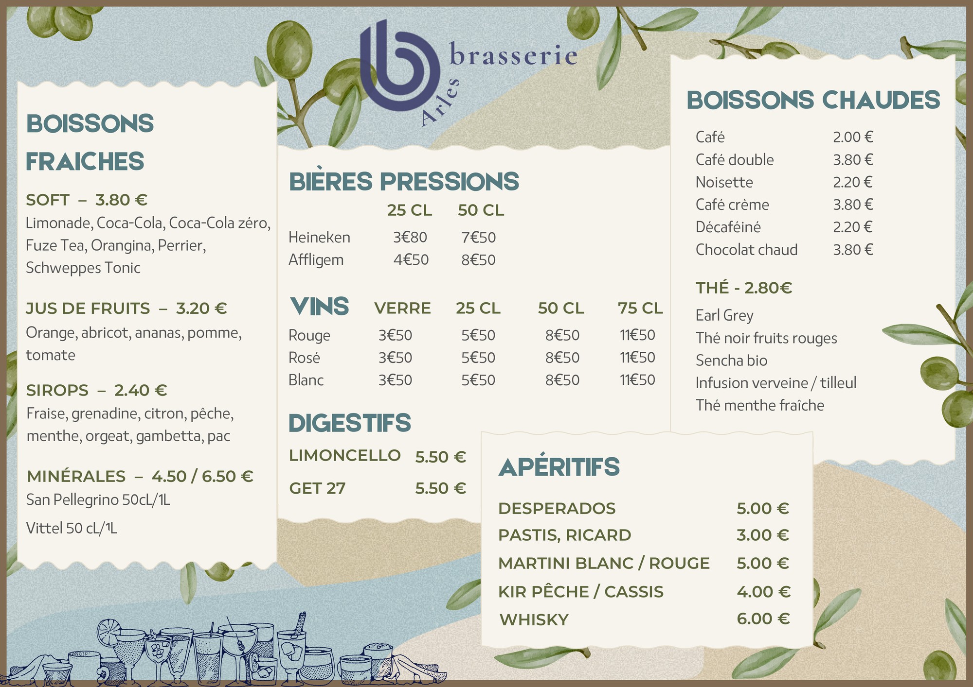 Carte B Brasserie : boissons, bières, vins et cafés